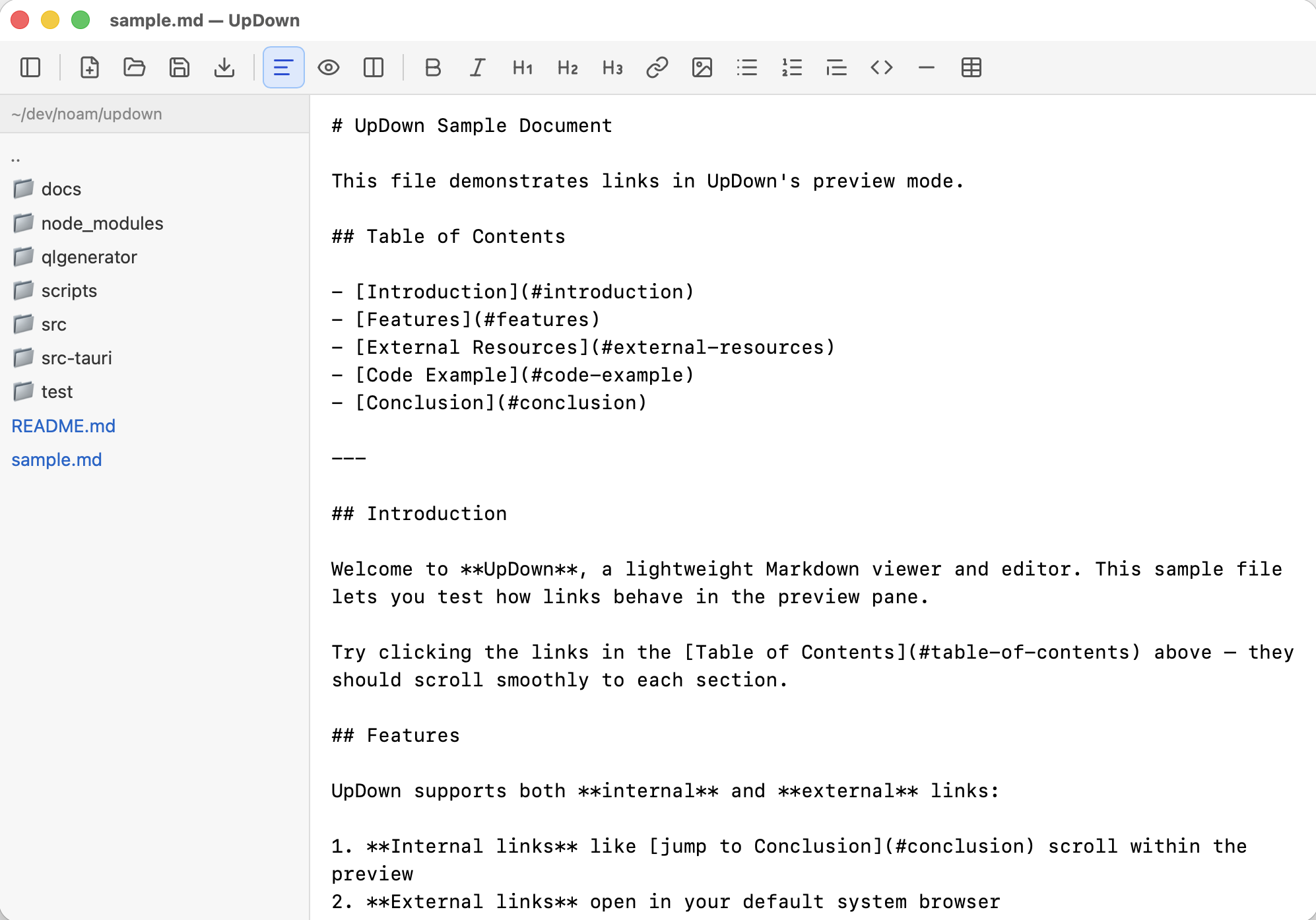 UpDown source view — editing raw Markdown with toolbar