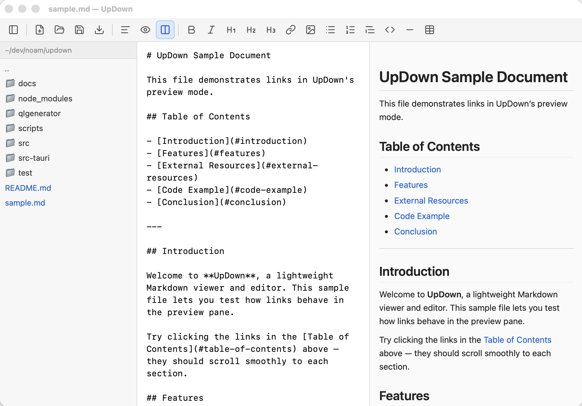 UpDown split view with Markdown source and live preview side by side